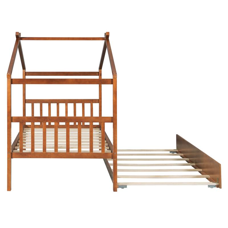Roomfitters Twin Size Wooden House Bed with Pull-Out Twin Trundle, Montessori Playhouse Bed Frame, Walnut