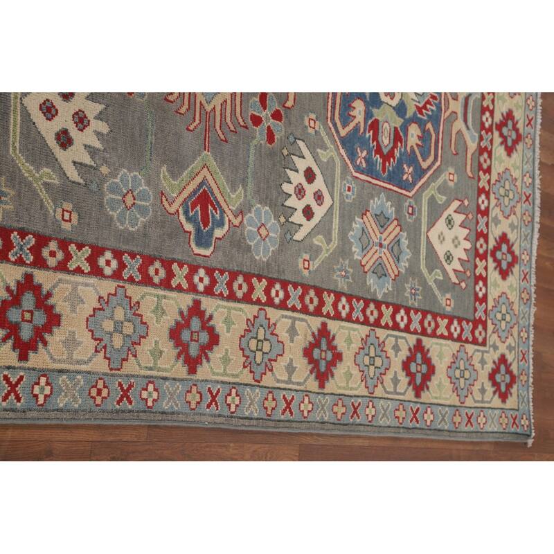 Gray Geometric Kazak Area Rug Handmade Oriental Wool Carpet - 4'11" x 7'0"