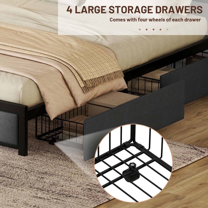 Queen Bed Frame with LED Headboard, Upholstered Bed with 4 Storage Drawers and USB Ports for Apartment, Living Room， Bedroom