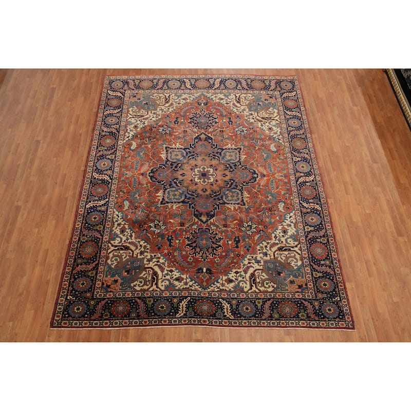 Hand Knotted Oriental 100% Wool Carpet Traditional Medallion Oranges & Rust Heriz Area Rug - 11' 11'' X 9' 3''