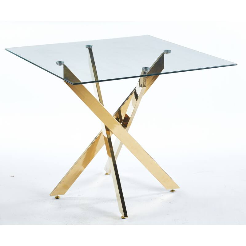 Modern Square Dining Table with Tempered Glass Top & Cross Metal Legs, Space-Saving for Kitchen and Living Room