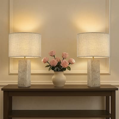 1-Light 22'' Modern Coastal Natural Rectangular Travetine Table Lamp With Beige Linen Shade For Bedroom and Living Room(2-Pack)