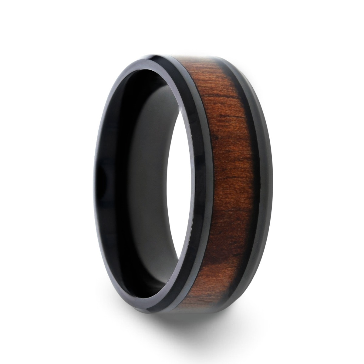 Thorsten Yukon Black Ceramic Ring with Black Walnut Wood Inlay Beveled Edges 10mm Width Custom Personalized Inside Engraved from Roy Rose Jewelry