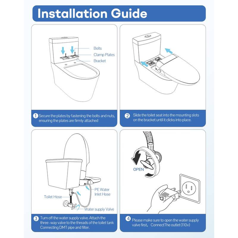 Electronic Toilet Elongated Bidet Seat with Advanced Cleaning Mode Dual Nozzles