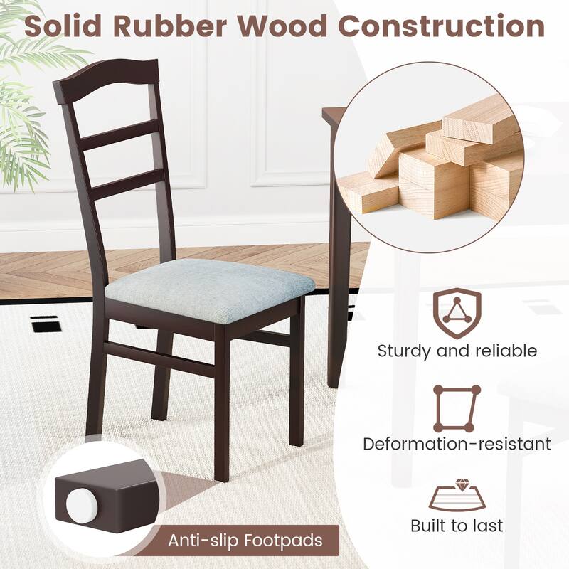 Set of 2 Coffee Rubber Wood Dining Chairs with Linen Cushions and Ladder Back - 16" L x 20" W x 37" H