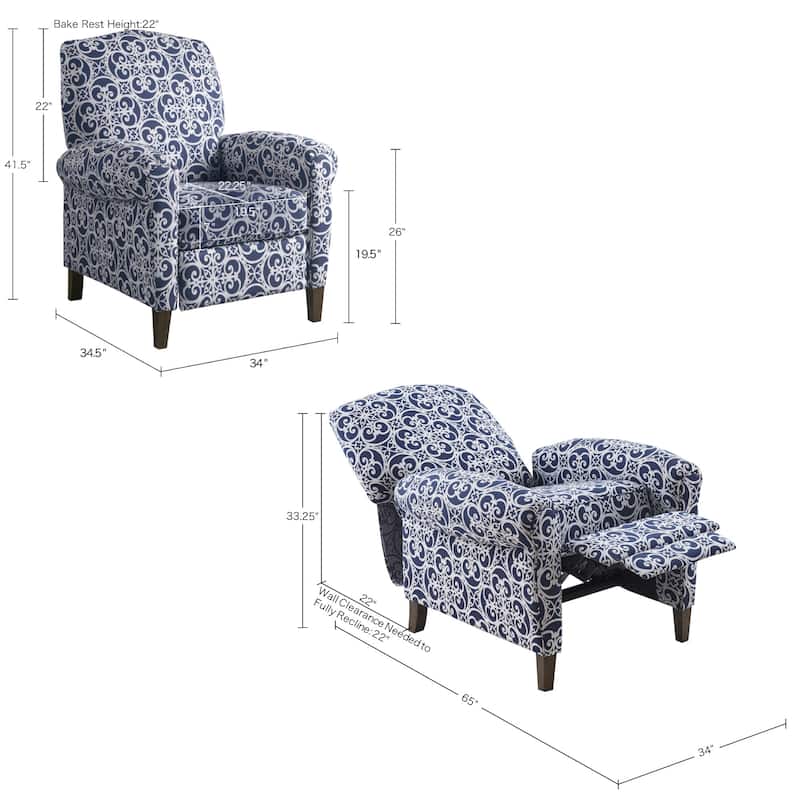 Madison Park Oscar Solid Wood Upholstered Push Back Recliner Chair with Rolled Arms