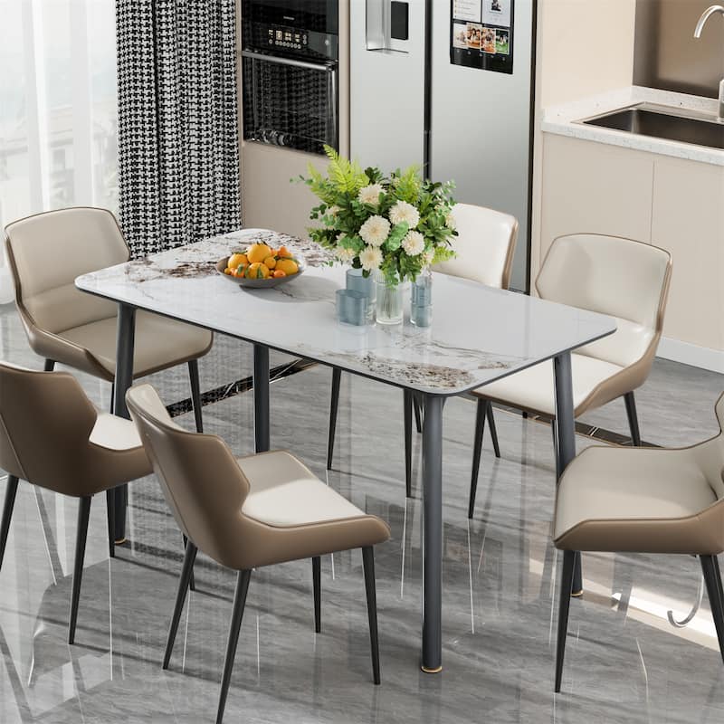 Large Kitchen Dining Table Sintered Stone Marble Tabletop and Tempered Glass Top Indoor Outdoor