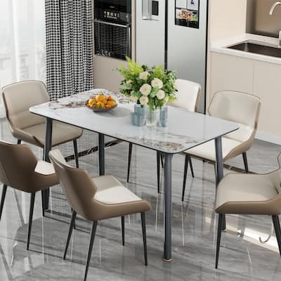 Large Kitchen Dining Table Sintered Stone Marble Tabletop and Tempered Glass Top Indoor Outdoor