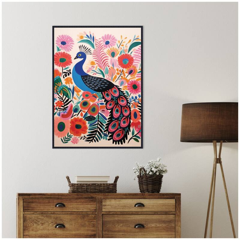 Kate and Laurel Bright Colorful Boho Peacock by The Creative Bunch Studio Framed Canvas Wall Art Print