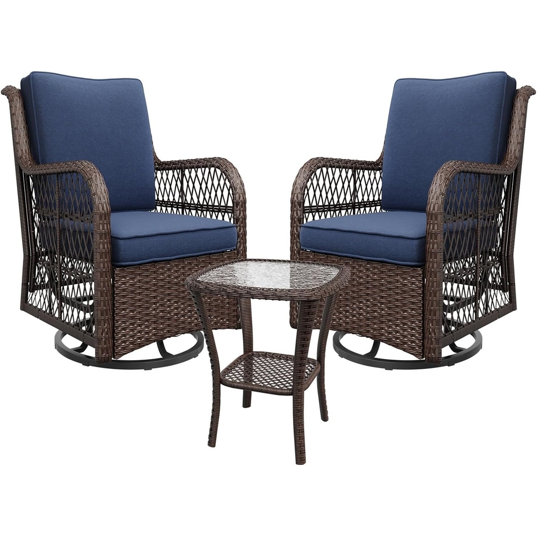 3 Piece Outdoor Swivel Wicker Glider Chair Set, 4" Cushions & 2 Tier Coffee Table, Patio Bistro Set