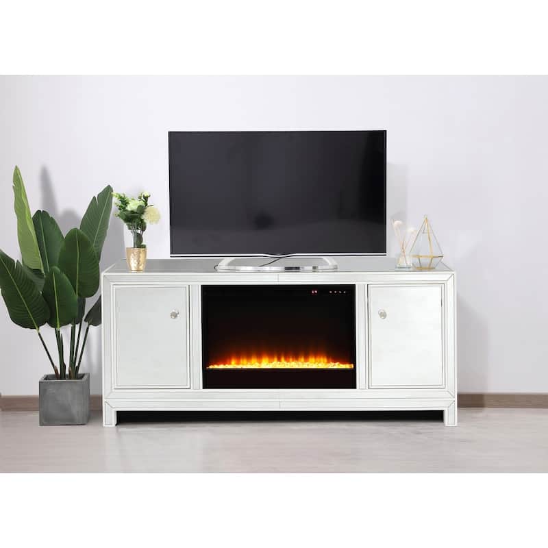 Indigo Home 60" White Mirrored TV Stand with Crystal Fireplace - White