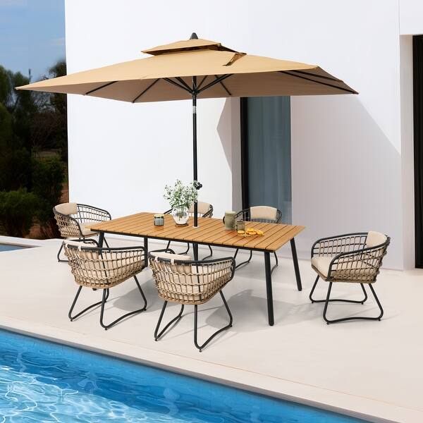 30 x 30 aluminum patio table with umbrella hole Outdoor 7 PC- Patio Rectangular Aluminum Dining Table Set with Umbrella Hole  with Rattan Chair - On Sale - Bed Bath & Beyond