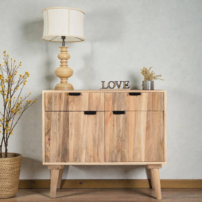 Natural Mango Wood 2-Door Cabinet with Drawers, Modern Storage Sideboard for Living Room, Entryway or Bedroom - Natural