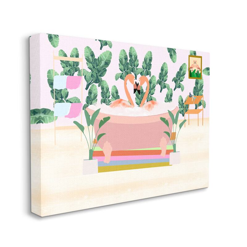 Stupell Tropical Pink Flamingo Pair Bubble Bath Tropical Bathroom Canvas Wall Art - Green