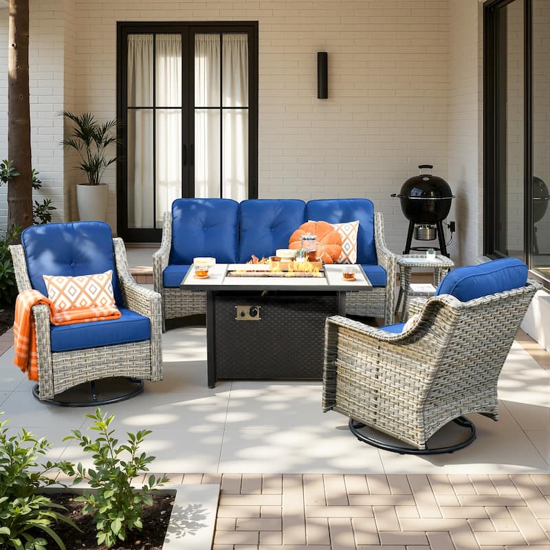 HOOOWOOO 5-piece Patio Sofa Swivel Chair Set with Fire Pit Table