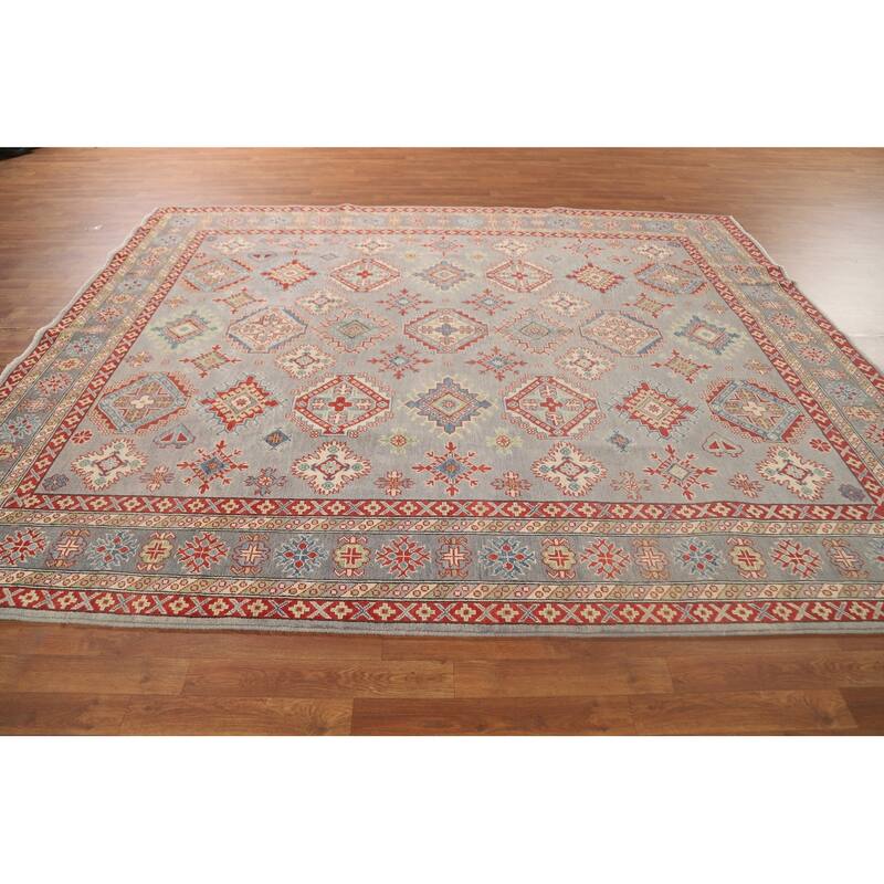 Geometric Kazak Oriental Area Rug Handmade Grey Wool Carpet - 8'2" x 10'0"