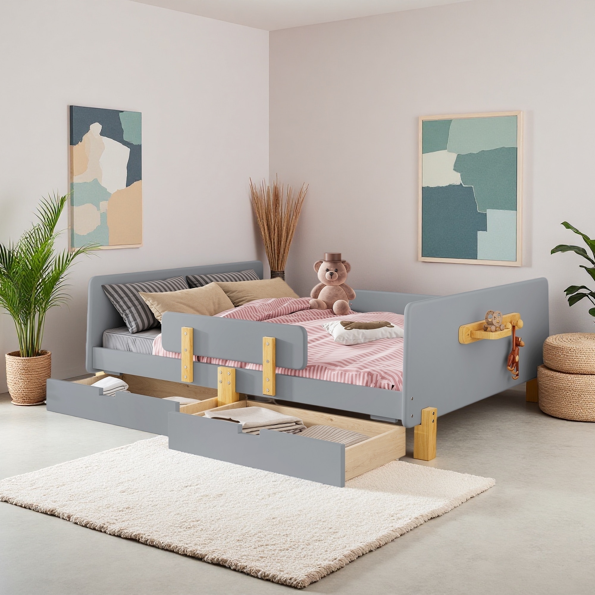 Solid Wood Platform Bed with Storage Drawers, Guardrail, Shelf, and Hooks