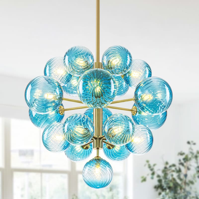 Starsky 19-Light Glam Tiered Cluster Blue Swirled Bubble Chandelier - Gold