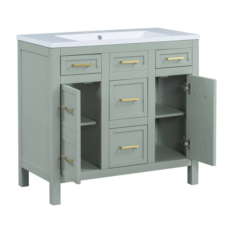 36" Bathroom Vanity Cabinet with Center Rectangular Resin Sink, 4 Drawers Bathroom Storage Cabinet w/ Adjustable Shelves, Green