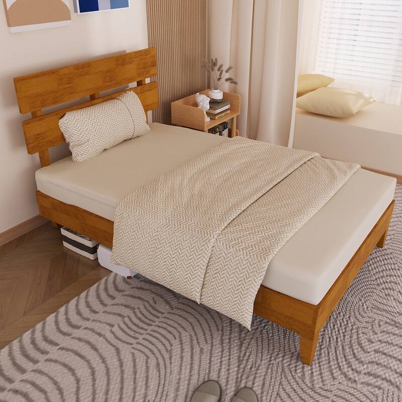 Modern Brown Solid Wood Platform Bed Frame with Headboard