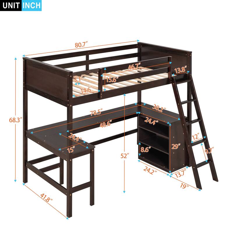 Twin Loft Bed with Desk Shelves Space-Saving Design Brown Modern Contemporary Unisex Nature Wood Finish Includes Hardware