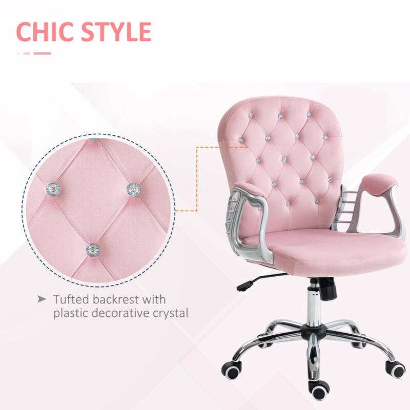 Velvet Home Office Chair, Button Tufted Desk Chair with Padded Armrests, Adjustable Height and Swivel Wheels, Pink