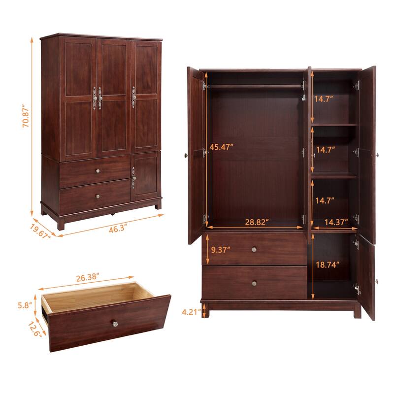 100% Solid Wood Walnut Armoire Wardrobe Closet with Drawers and Hanging Rod, Farmhouse Style Wardrobe Closet with 3 Doors
