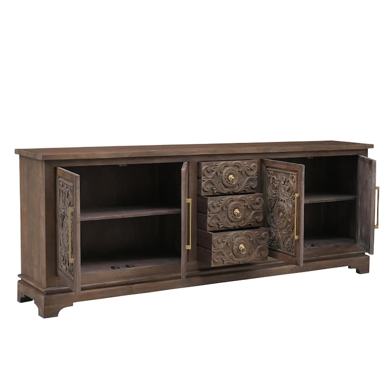 HomeRoots 106" Brown Distressed Solid Wood Carved Floral Three Drawer Sideboard with Four Doors