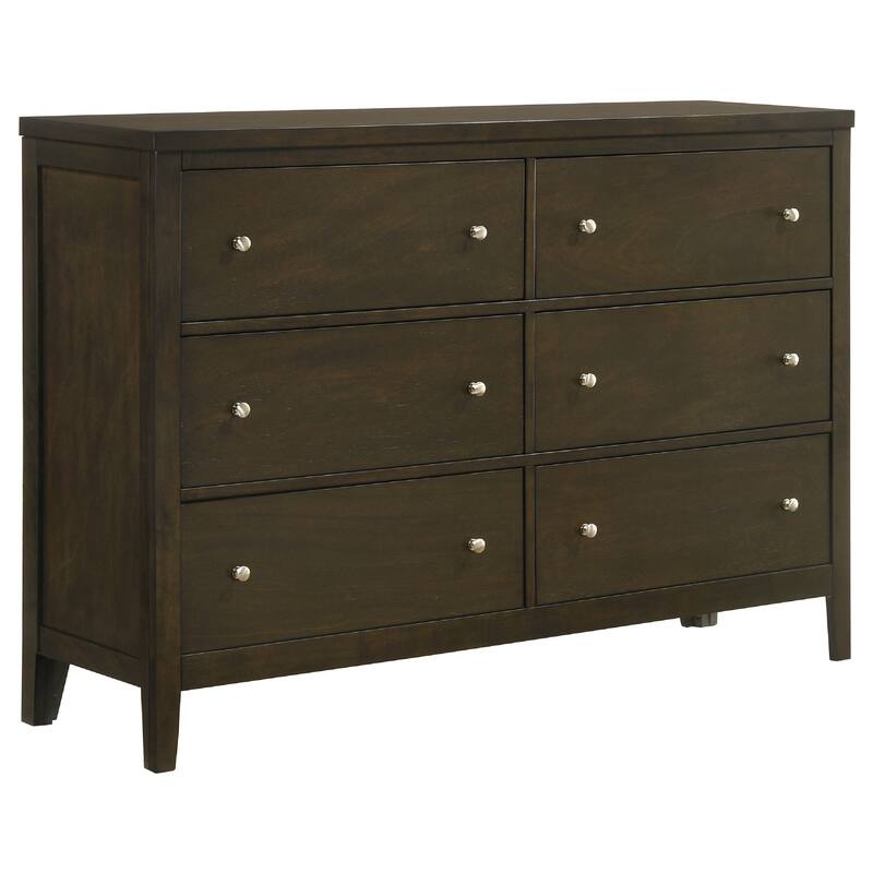 WIly 5 Piece Queen Bedroom Set, Dark Brown, Beige Upholstery, Nickel