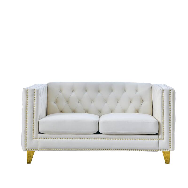 Modern 2-Seat Velvet Sofa with Nailhead Trim, Button Tufting, and Metal Legs
