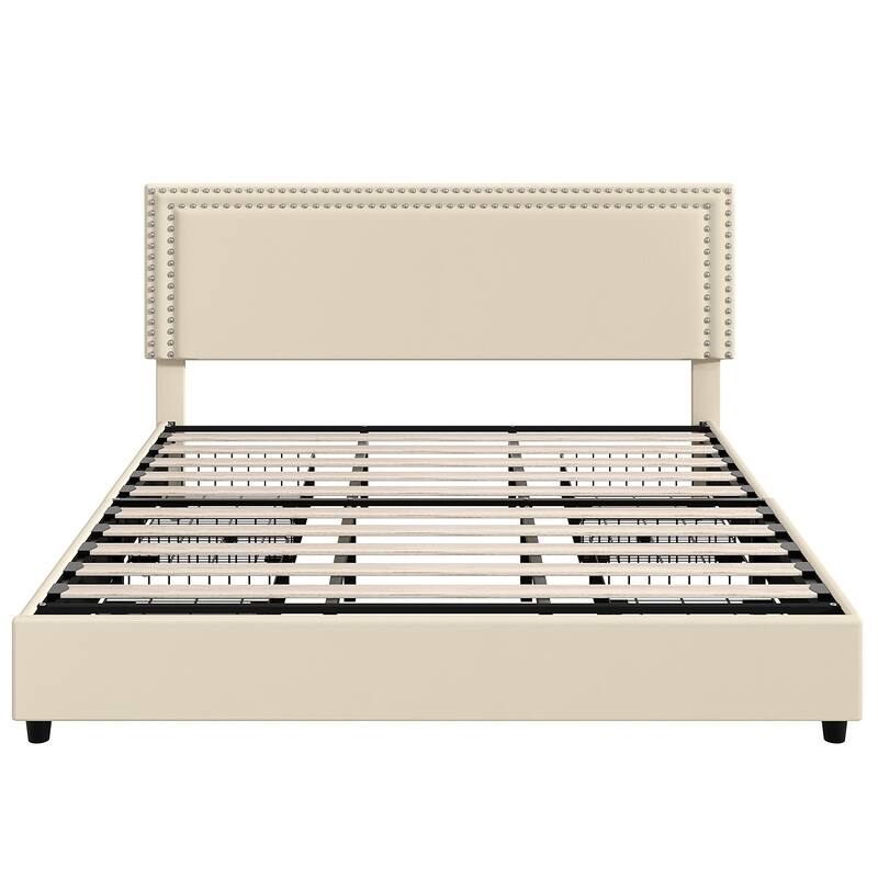 Modern Upholstered Bed Frame with 4 Storage Drawers, Platform Fabric Bed with Button Tufted Headboard