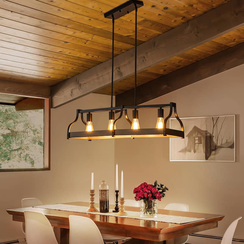 Starsky 4-Light Modern Farmhouse Black Chandelier Wooden Linear Kitchen Island Light