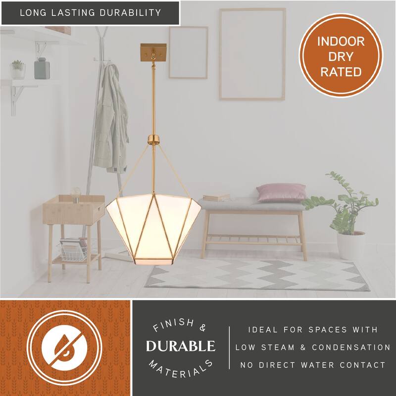 Burnett 3-Light Brass Mid-Century Modern Pendant, White Glass Shade, Adj Height Ceiling Chandelier Dining Room Fixture