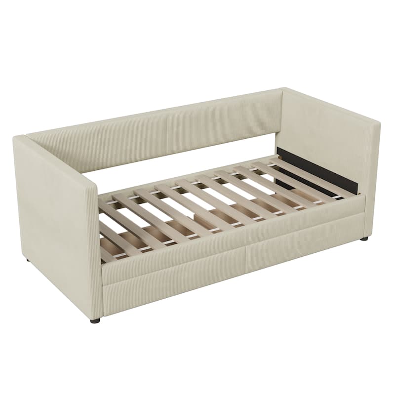 Vertical Lines Corduroy Daybed Wood Platform Bed with 2 Armrests & 2 Storage Drawers, Wood Slat Panel Bed