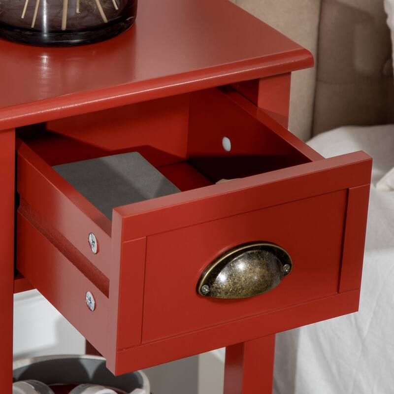 2-Tier Side Table with Drawer, Narrow End Table with Bottom Shelf, for Living Room or Bedroom, Red