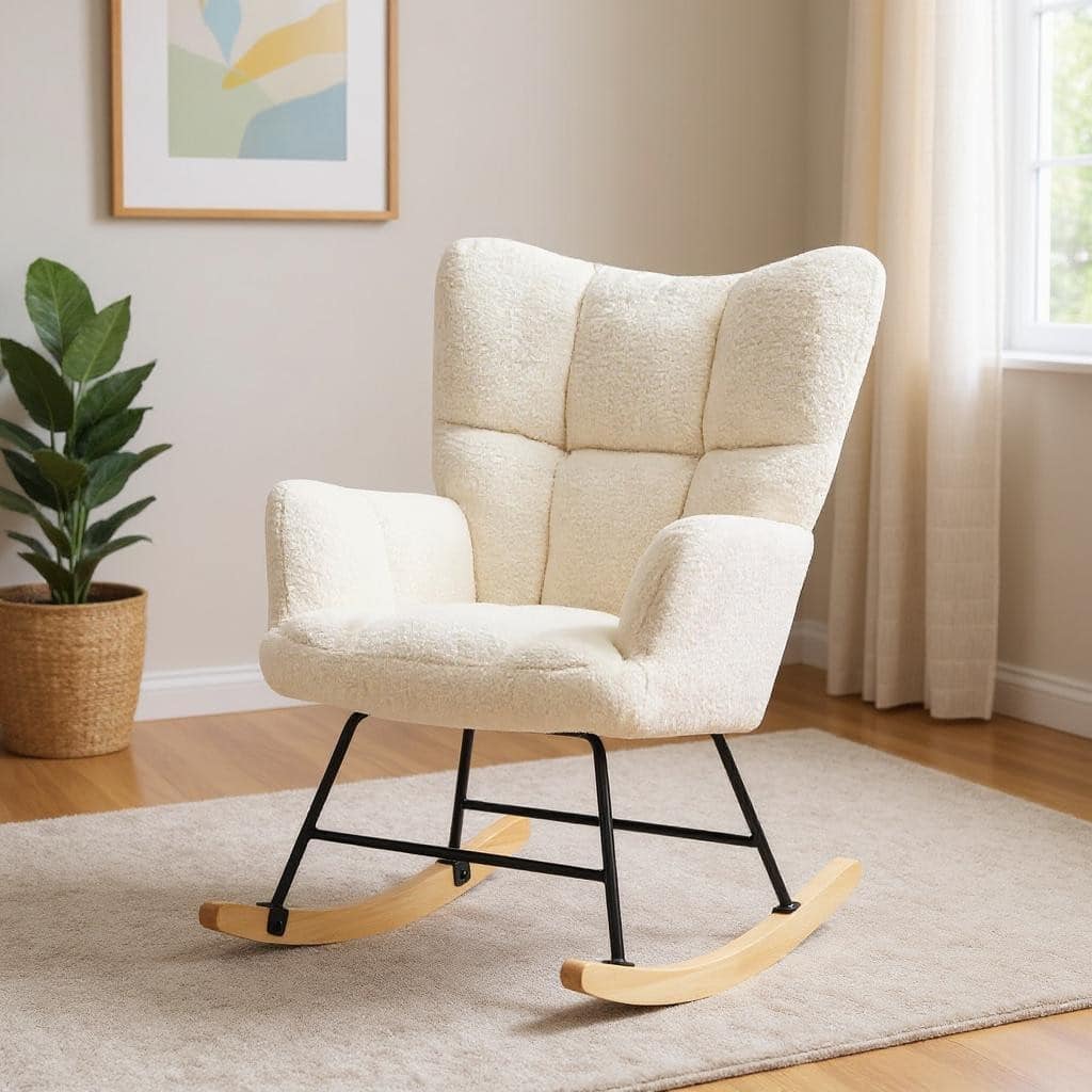 HomeRoots 23" Off White and Black Boucle Steel And Wood Glider Rocking Chair - 22.80 in. x 38.98 in. x 33.61 in.