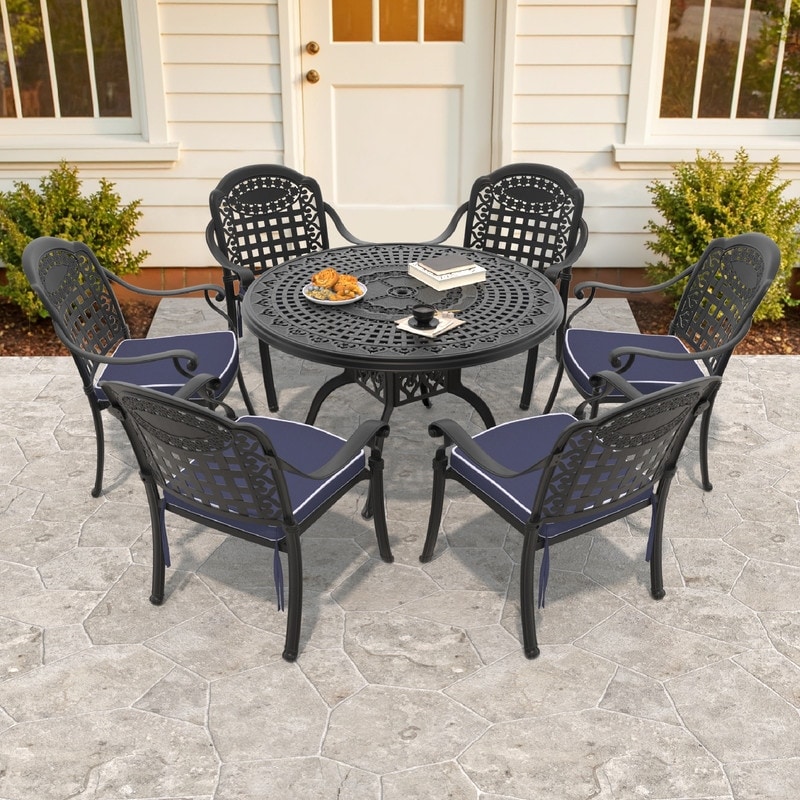 7-Piece Aluminum Round Outdoor Patio Dining Set, 6 Cushioned Swivel Chairs, Table, All-Weather Frames