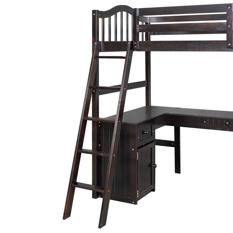 Twin Wooden Loft Bed with Desk and Shelves
