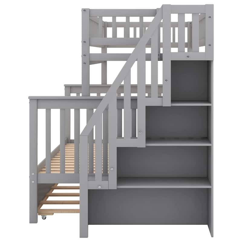 Space-Saving Twin Over Full Bunk Bed with Trundle, Wooden Bunk Bed Frame w/Storage Staircase & Guardrails, for Kids Teens Adults