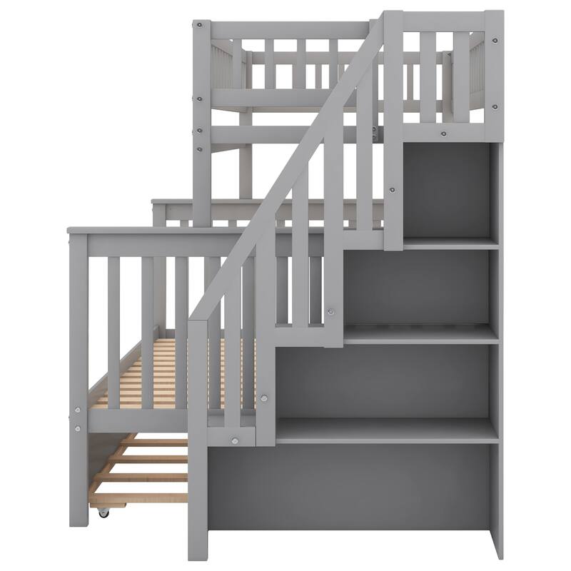 Twin Over Full Bunk Bed with Trundle and Storage Staircase, Space-Saving Design