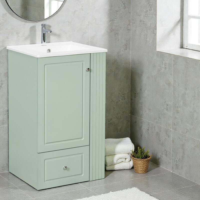 20" Small Bathroom Vanity with Ceramic Sink, Soft-Close Drawer, Open Shelves & Towel Bar, Modern MDF Freestanding Cabinet