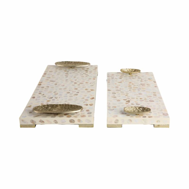 Rectangular Textured Tray with Metal Handles-Set of 2, 22", 18", White - 22.0"