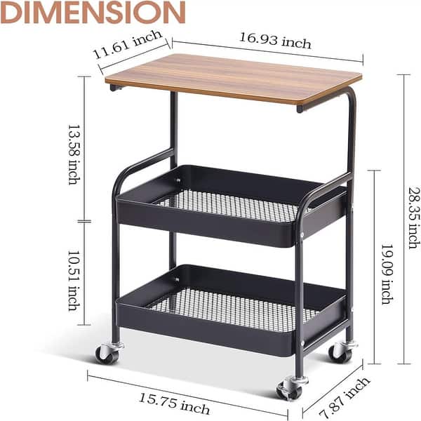 Utility Cart with Wooden Table Top 3 Tier Metal Rolling Storage Cart ...