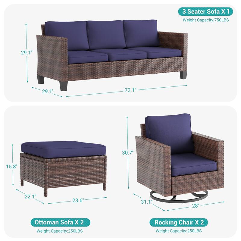 BONOSUKI 5Pcs Patio Furniture Swivel Rocking Sofa Set Brown Rattan