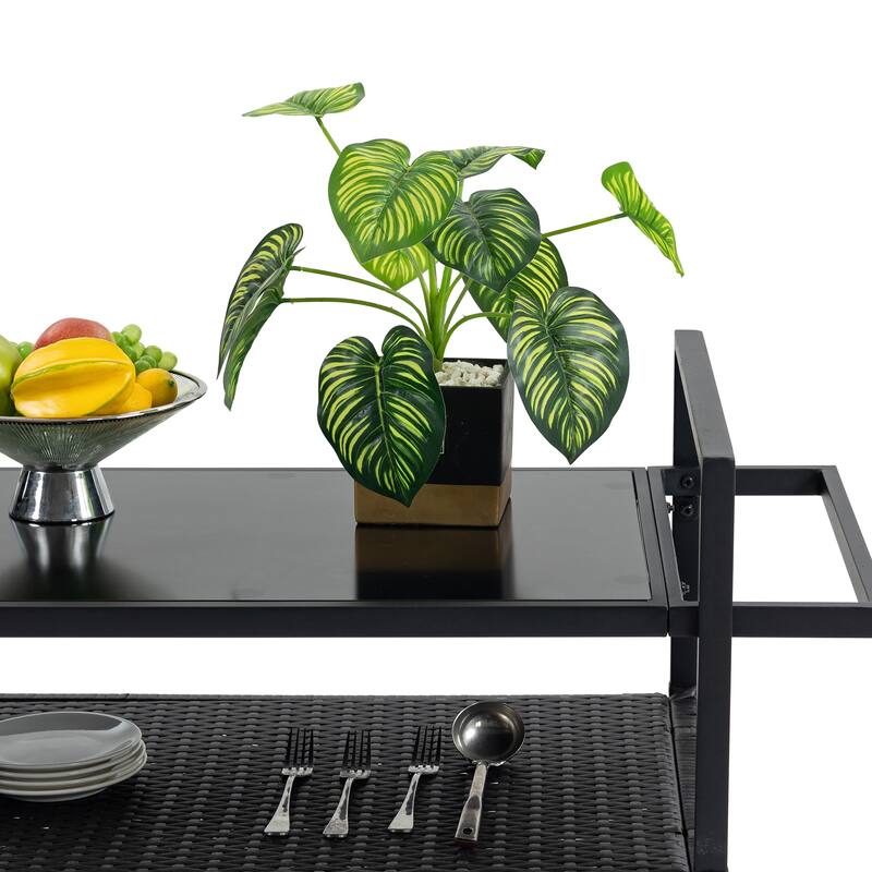Anmytek Rolling Outdoor Wicker Bar Cart Rattan Beverage Serving Cart with Wheels Glass Top Black for Patio Poolside