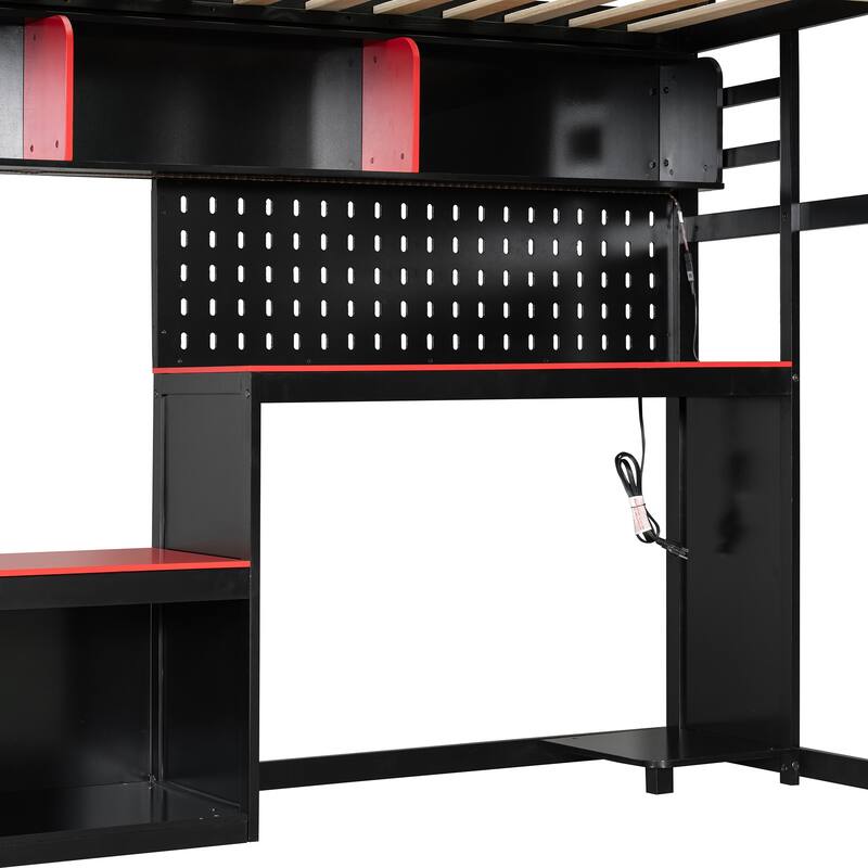 Full Size Gaming Loft Bed with Desk, Shelves, LED, USB and Pegboard