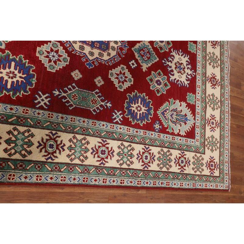 Red Geometric Kazak Oriental Area Rug Hand-Knotted Wool Carpet - 5'8" x 8'4"