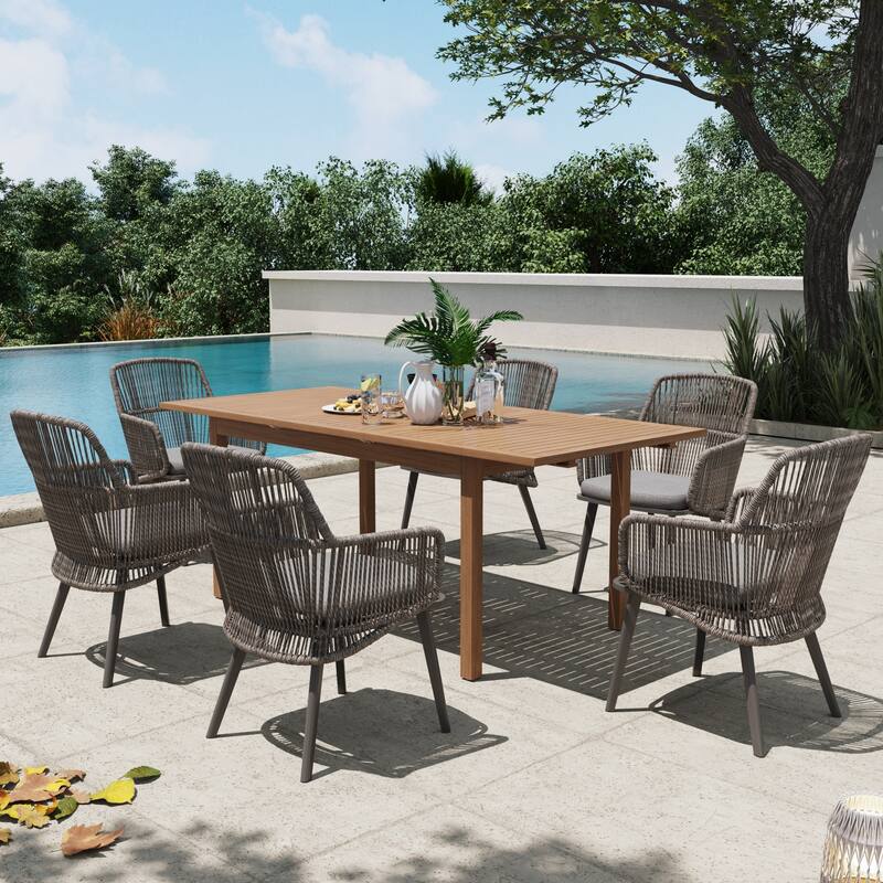 Outdoor Patio Dining Set PE Wicker Arm Chair and Extendable Dining Table (7-Piece Set)