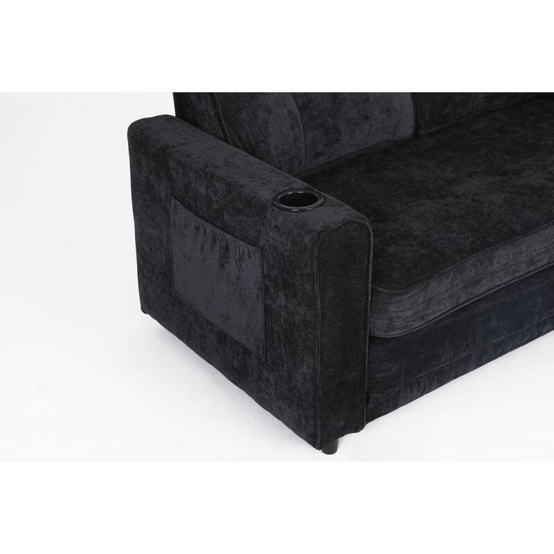 Sofa Bed with Pull-Out Straps, Velvet Sleeper Sofa with Side Storage Bags, Convertible Lounge Chaise Loveseat Daybed