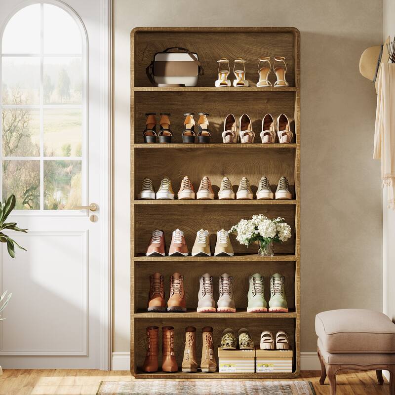 71" Shoe Storage Cabinet, 6-Tier Wooden Vertical Shoe Rack Organizer with Open Shelf for Entryway, Living Room